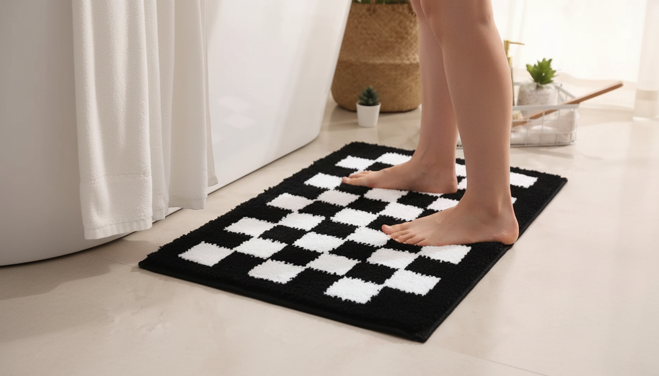 Black & White Checkered Bath Mat: Style, Grip, Care