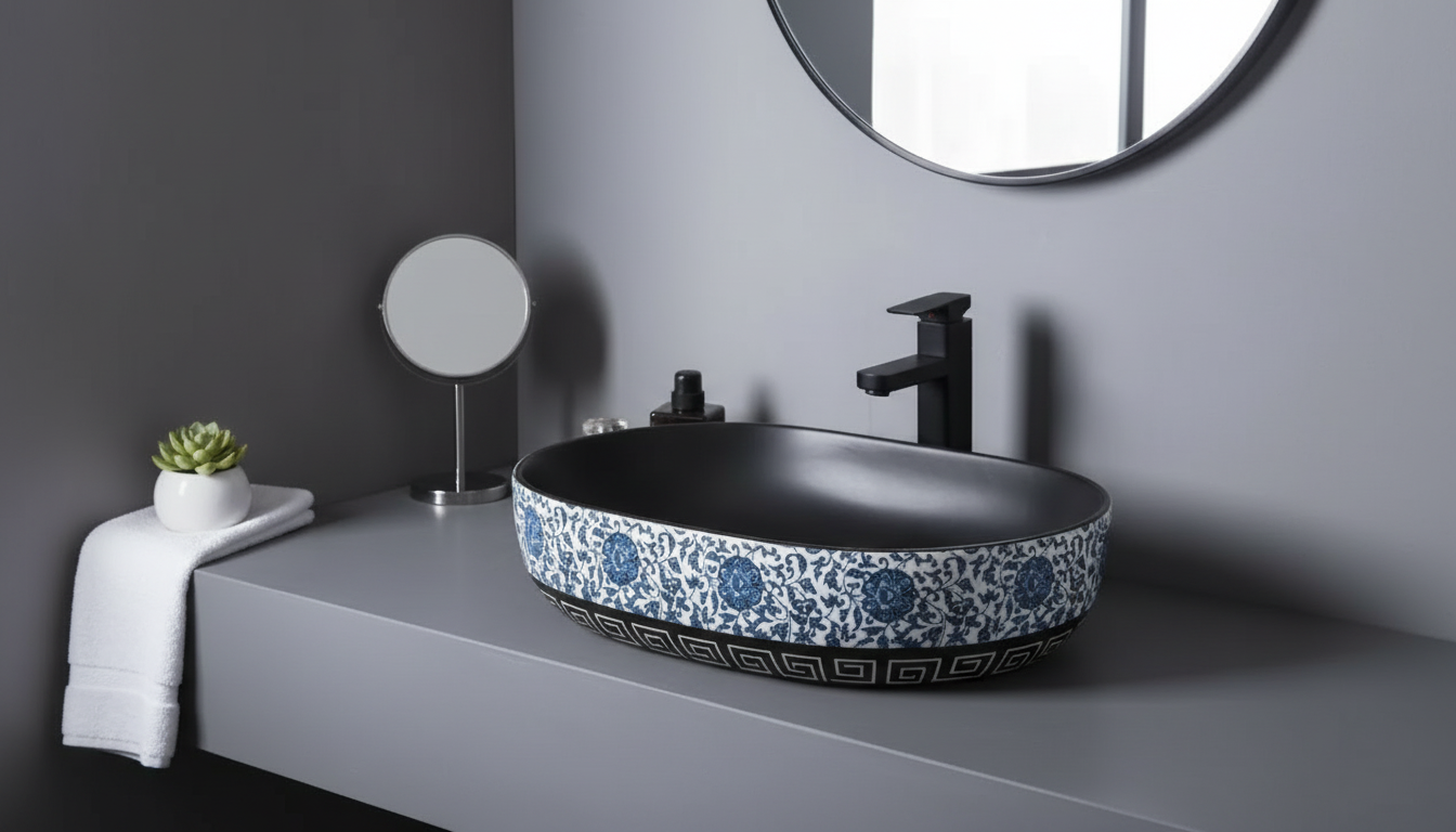 Blue Floral Ceramic Vessel Sink for Bathroom Vanities