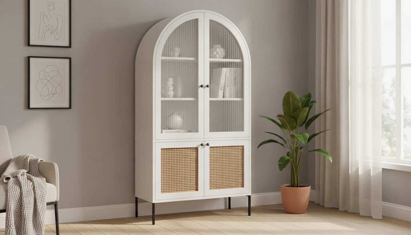 White 65-Inch Arched Cabinet with Reeded Glass Door